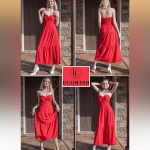Wish Strapless Red Tiered Midi Dress